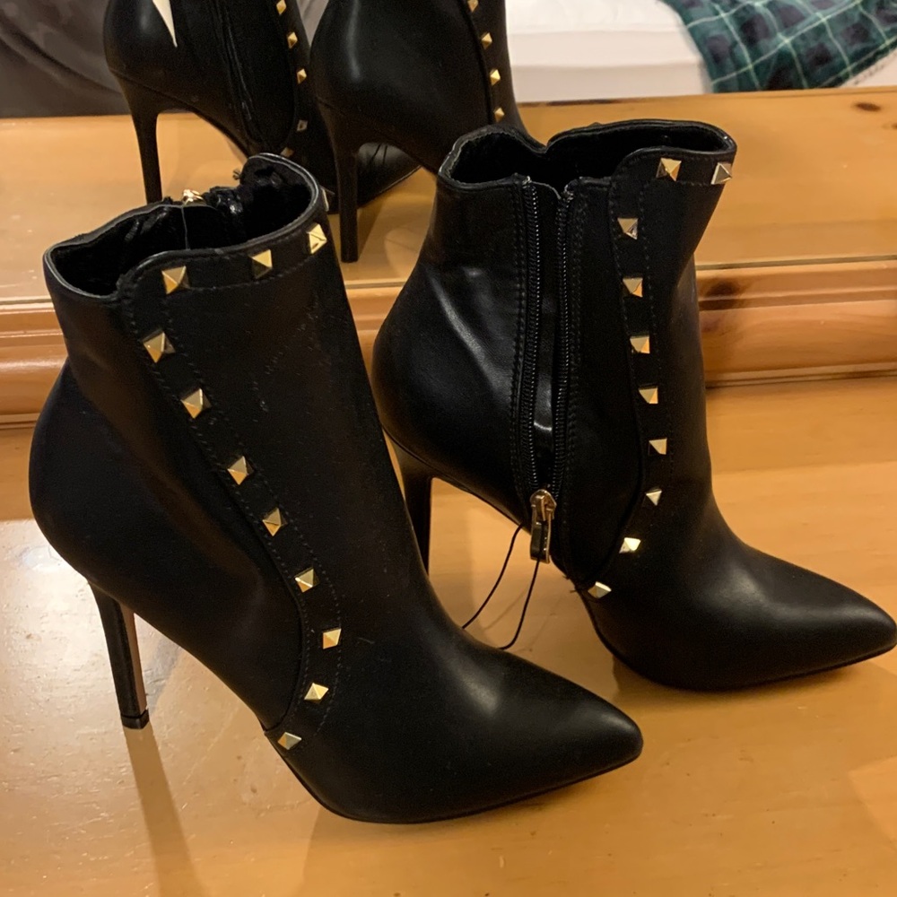 Catherine Malandrino Black Heeled Boots with Gold Studs